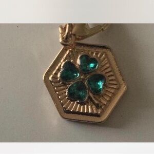 Gold-Tone Clover Pendant Necklace with Green Gem Accents